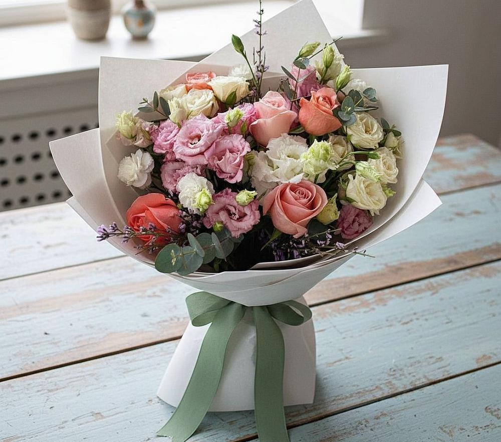 Букет цветов из: Розы, Лизиантусы и Гвоздики в Букановской