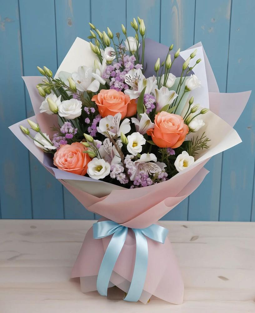 Букет цветов из: Лизиантусы, Розы, Альстромерии и Гипсофила в Букановской