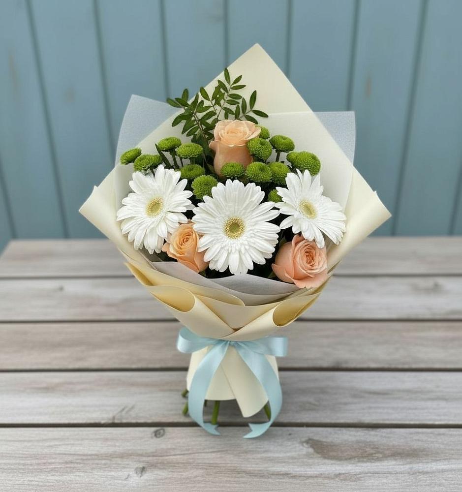 Букет цветов из: Герберы, Розы и Хризантемы в Букановской