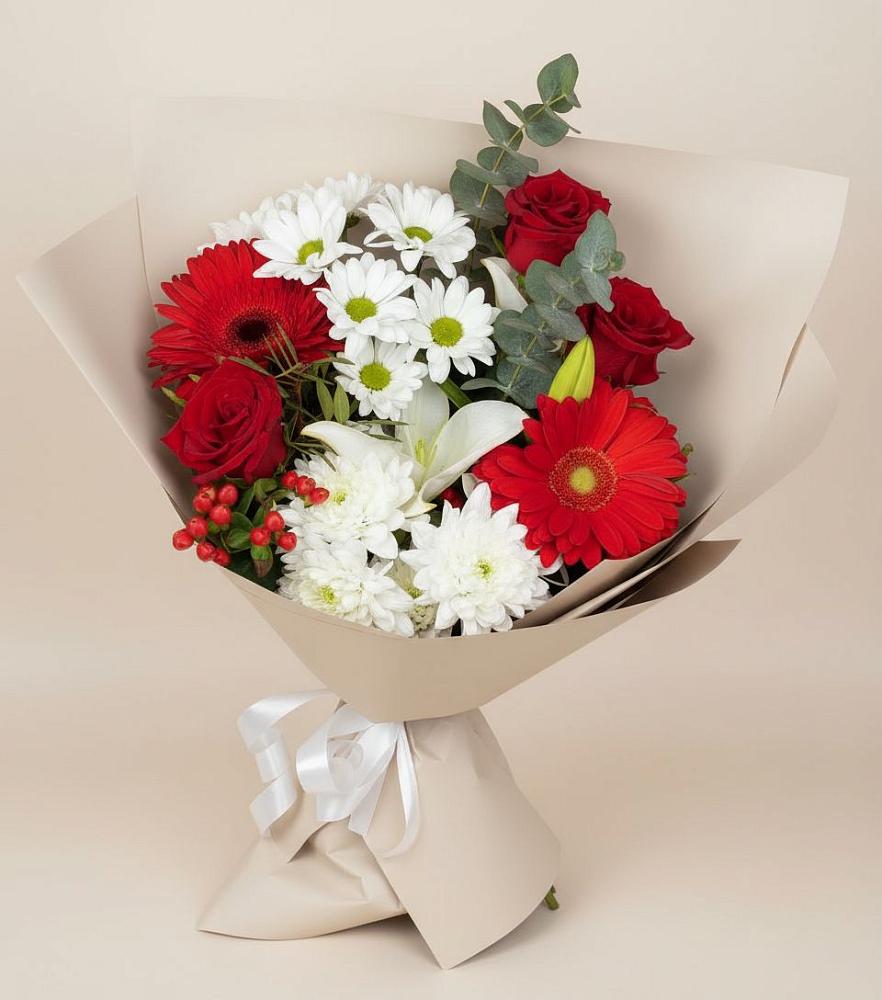 Букет цветов из: Розы, Хризантемы, Герберы и Лилии в Букановской