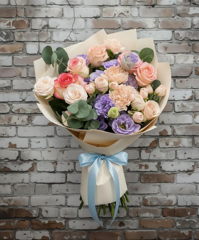 Букет цветов из: Розы, Лизиантусы и Гвоздики в Букановской